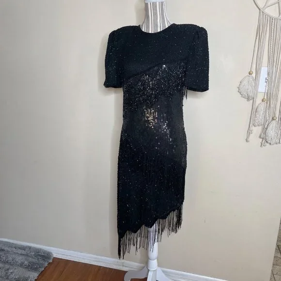 Scala | Dresses | Vintage Scala 8s Silk Gatsby Cocktail Asymmetric Sequins Beaded  Dress Black M | Poshmark